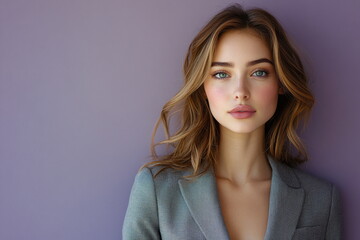 Fototapeta premium Confident Young Woman in Stylish Gray Blazer Against Purple Background