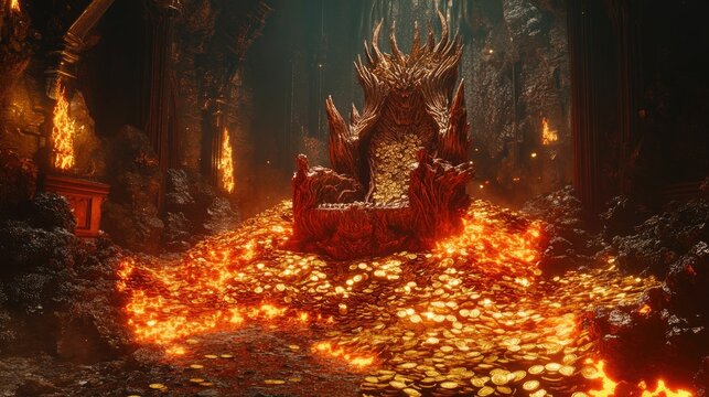 Fiery throne, molten gold, infernal landscape. - Powered by Adobe