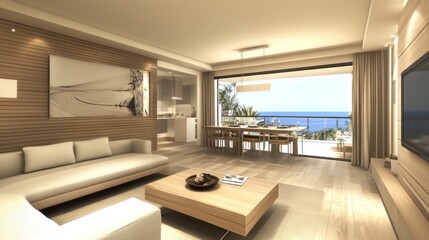 Modern beachfront condo living room with ocean view, light wood floors, and beige sofa.