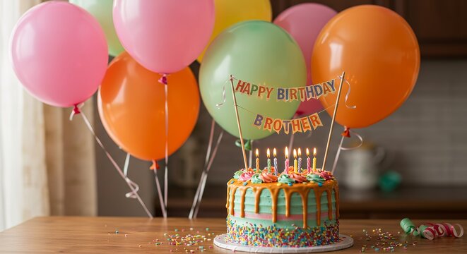 Birthday cake with balloons for celebration