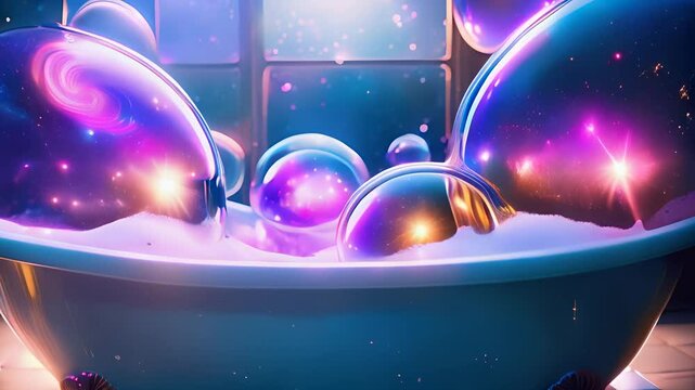 Experience tranquility as colorful bubbles float in a dreamy bathtub surrounded by stars.