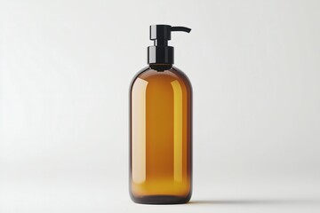 Simple amber glass bottle with a black pump dispenser against a stark white background, perfect for showcasing a variety of liquid toiletries, from hand soap to luxurious body washes