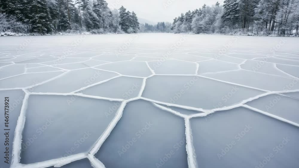 Poster Snow covering a frozen lake surface, creating a geometric pattern of cracks with a serene winter forest in the background, evokes a sense of tranquility and the beauty of nature in its frozen state