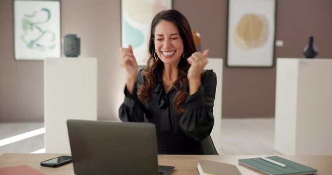 Happy woman, art director and winning with laptop for deal, sale or online auction at exhibit. Female person, auctioneer or seller with smile in celebration on computer for success at artist gallery