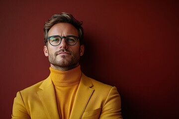 Fototapeta premium Confident Stylish Man in Yellow Blazer Against Red Background for Fashion Inspiration