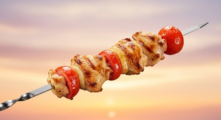 Brochette poulet tomates coucher soleil dor&eacute;