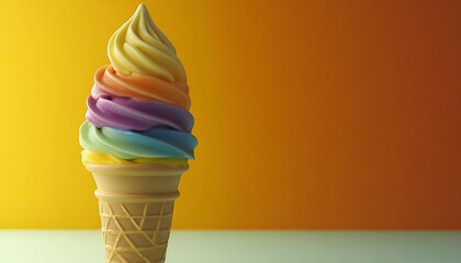 Rainbow Swirl Ice Cream Cone Against Yellow Background