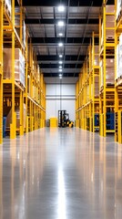A spacious warehouse with tall yellow racking systems filled with boxes, and a forklift in the middle aisle. The floor is polished concrete