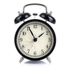 Broken Black Alarm Clock on White Background