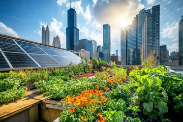 Fototapeta premium Urban rooftop garden with solar panels and city view.