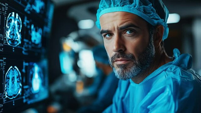 A determined medical professional, fully attired in surgical attire, fixates upon an array of detailed medical imaging, embodying focus and dedication.