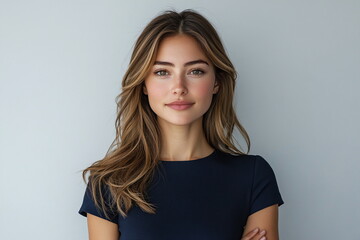 Fototapeta premium Young Woman with Long Hair and Natural Makeup Smiling with Confidence in Minimalist Background