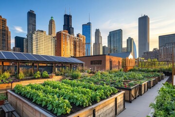 Fototapeta premium Urban rooftop garden with city skyline backdrop.