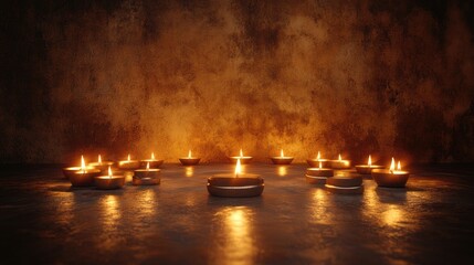 A flat lay image featuring a circular arrangement of small, lit oil lamps on a dark, textured surface.