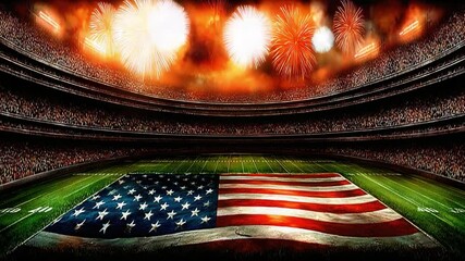 Spectacular Fireworks Display Over American Football Stadium with National Flag on Field - Powered by Adobe