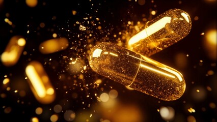 Golden pills rotating on black background with golden glitter