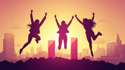 Pixelated triumph achievers celebrate city skyline in jubilant leap depicting career goals fulfillment and shared success illustration