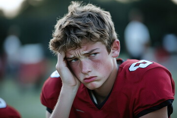 Frustrated Young Football Player in Red Jersey Displaying Disappointment on Field