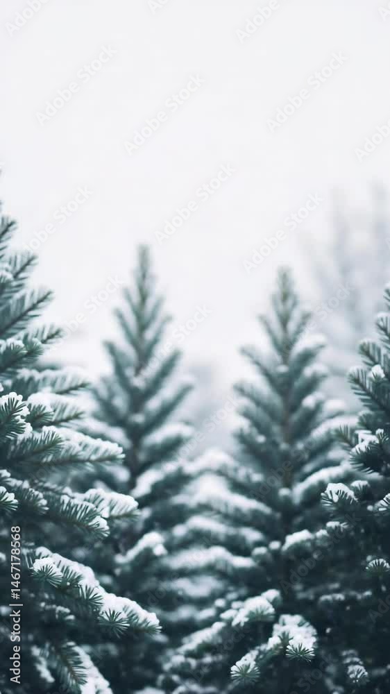 Poster snowflakes are falling on pine trees creating a blurred winter forest landscape, evoking a sense of 