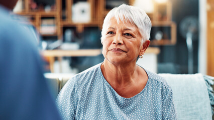 Senior woman, nurse and consultation in home for healthcare, medical support and wellness....