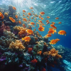 Obraz premium Orange Fish Swimming over Coral Reef Underwater
