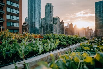 Fototapeta premium Urban rooftop garden at sunset amongst tall buildings.