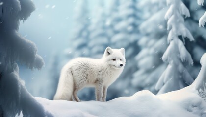A Arctic fox stand in the middle of a snowy pine and rock forest