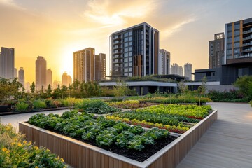 Fototapeta premium Urban rooftop garden at sunset among modern buildings.
