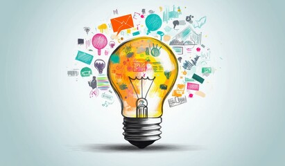 Illuminated idea bulb with colorful business icons exploding outward