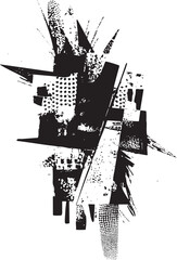 Abstract black and white geometric shapes create a dynamic composition.