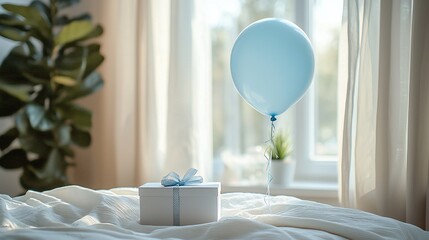 Light blue balloon and white gift box on a bed near a window