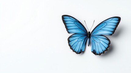 Fototapeta premium Isolated on white blue morpho butterfly in flight shadow cast hyper realistic studio lighting