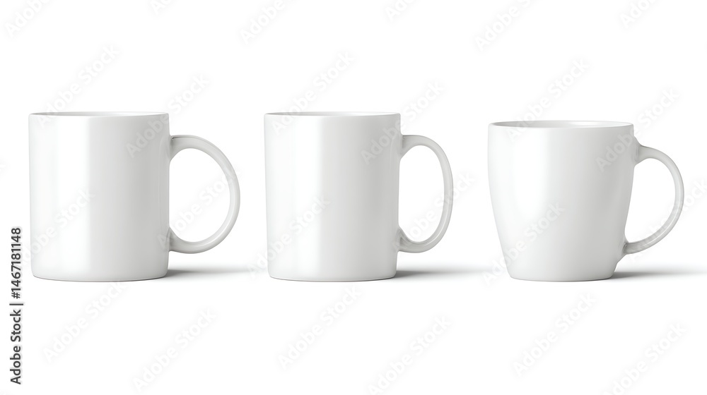Aufkleber set of white ceramic mugs with different shapes, side view isolated on transparency background