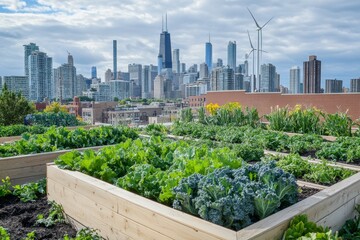 Fototapeta premium Urban rooftop garden with flourishing vegetables and city view.