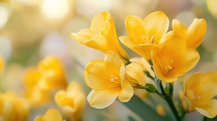Fototapeta premium Close-up of bright yellow freesia flowers blooming with a soft, blurred background. Use as a spring floral element, to convey freshness, happiness, or celebration.