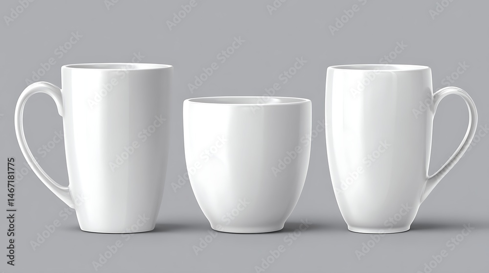 Aufkleber set of white ceramic mugs with different shapes, side view isolated on transparency background