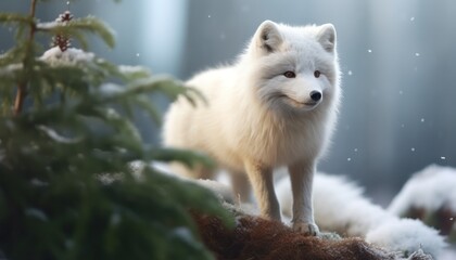 A Arctic fox stand in the middle of a snowy pine and rock forest