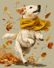 Happy dog running through autumn leaves with yellow scarf. Joyful puppy jumping in fall foliage, digital painting