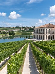 Obraz premium Vineyard estate overlooking tranquil lake, showcasing rows of vines leading to a grand, neoclassical building under a bright sky