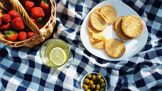 Savor a picnic with strawberries, olives, and crunchy crackers in a peaceful spot.