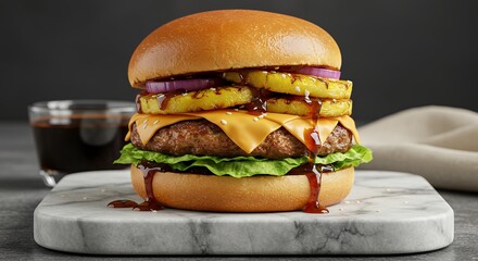 Burger with Pineapple and Cheese on Marble Board