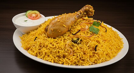 Juicy Chicken Biryani on Plate with Rich Background