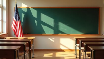 Empty classroom interior with chalkboard desks and american flag