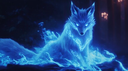 Fox spirit kitsune with glowing blue flames