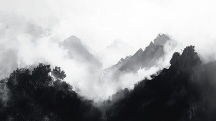 Misty Mountain Landscape in Traditional Sumi-e Style