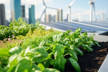 Urban rooftop garden with fresh herbs and vegetables.
