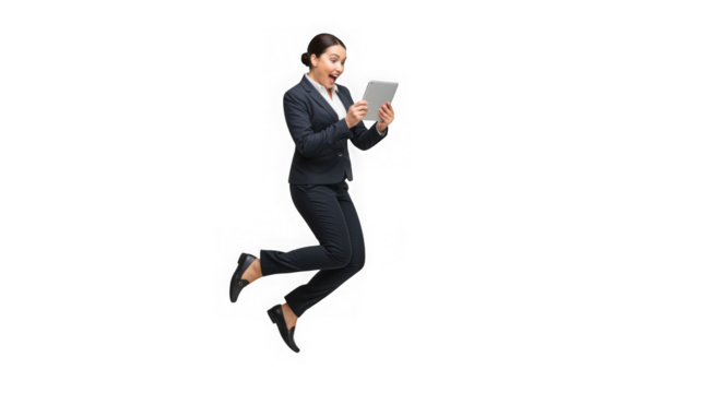 Woman jumping with tablet isolated on white background