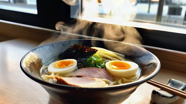 Enjoy a steaming bowl of flavorful ramen topped with soft-boiled eggs, served in a warm atmosphere.