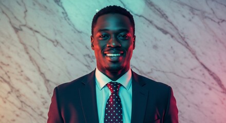 Portrait homme affaires sourire eclairage neon bleu rouge