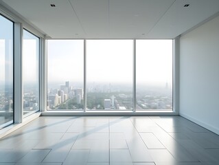 Fototapeta premium A large, empty room with a view of the city. Real estate concept